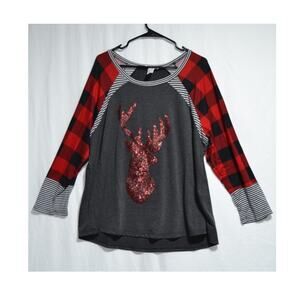 Moa Moa Woman's Raglan Sequin Reindeer Top Size 2X